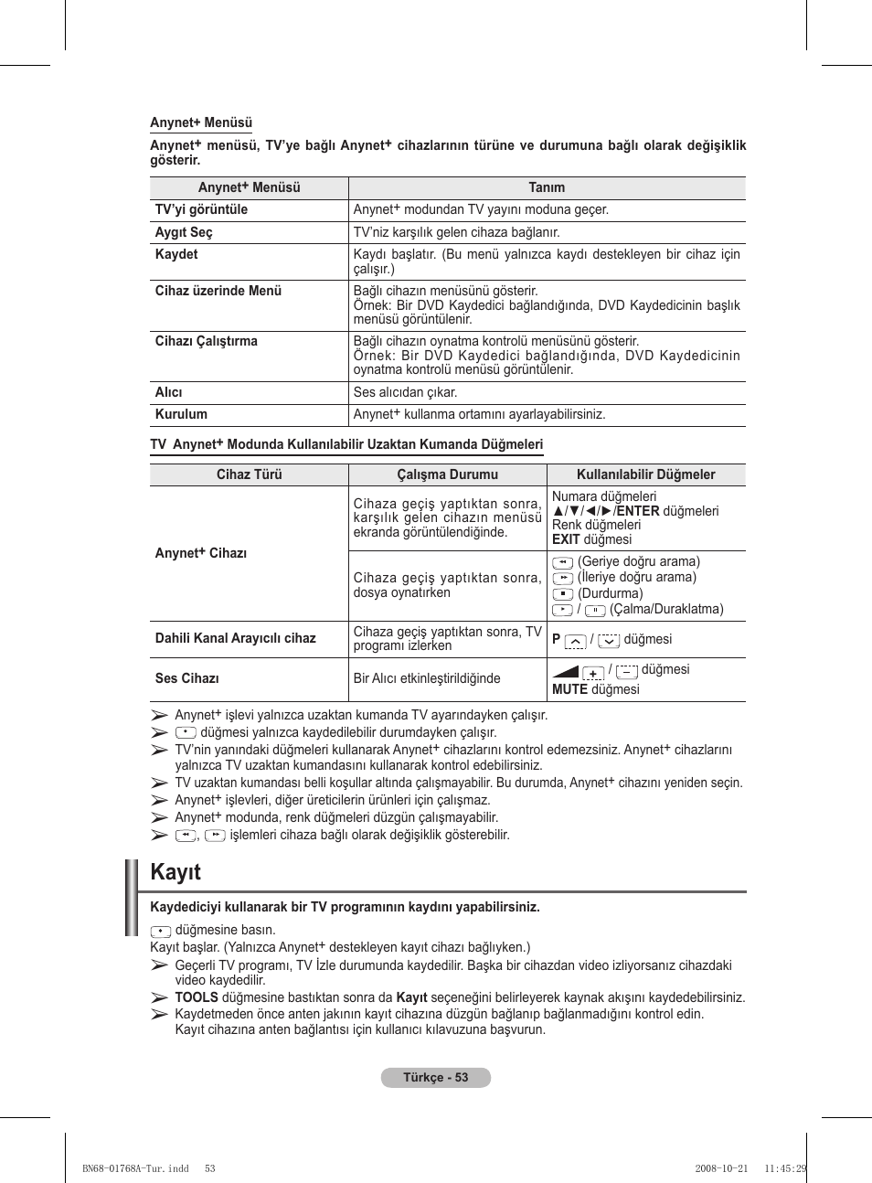 Kayıt | Samsung PS58A656T1F User Manual | Page 556 / 567