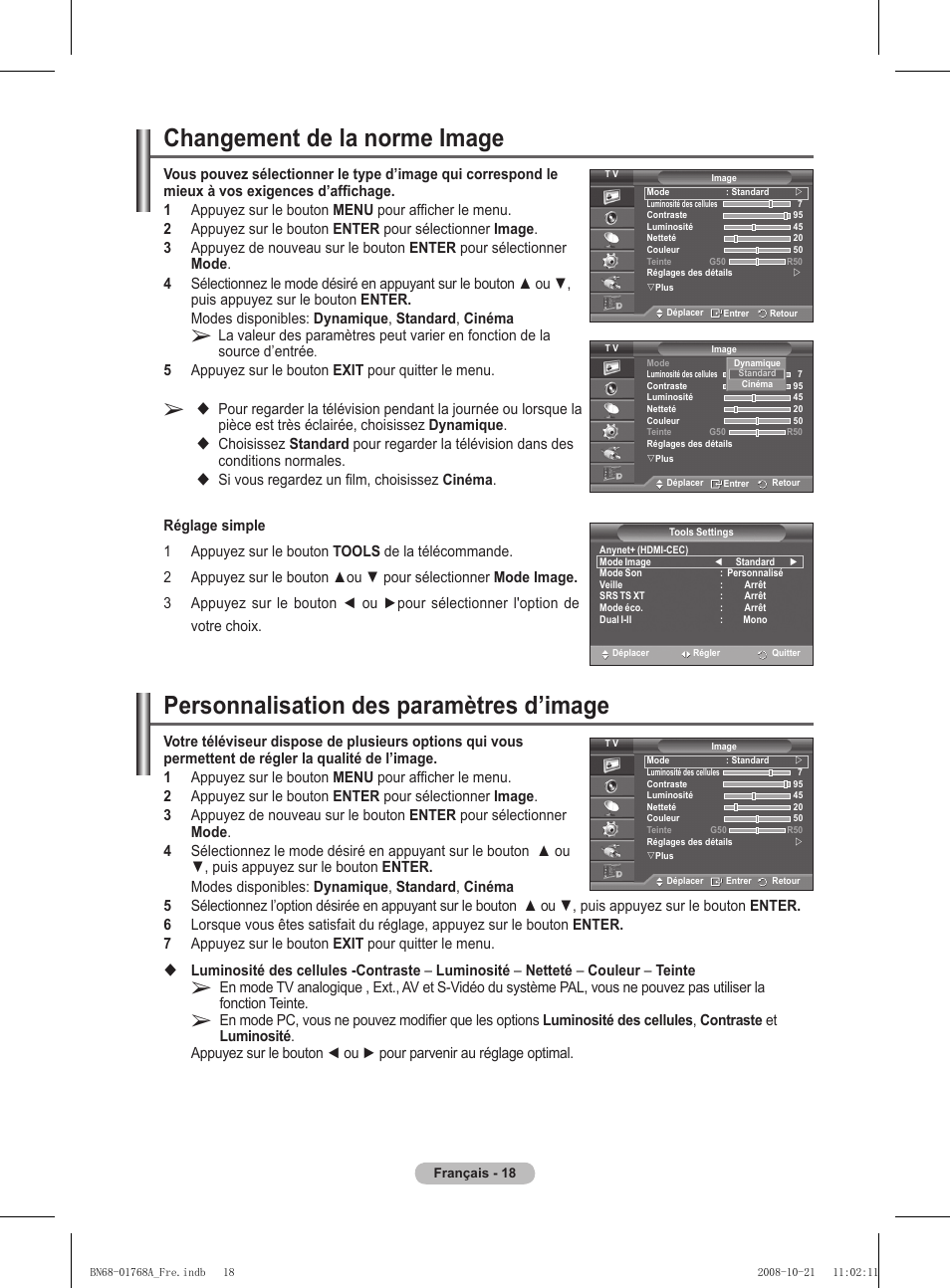 Personnalisation des paramètres d’image, Changement de la norme image | Samsung PS58A656T1F User Manual | Page 82 / 567