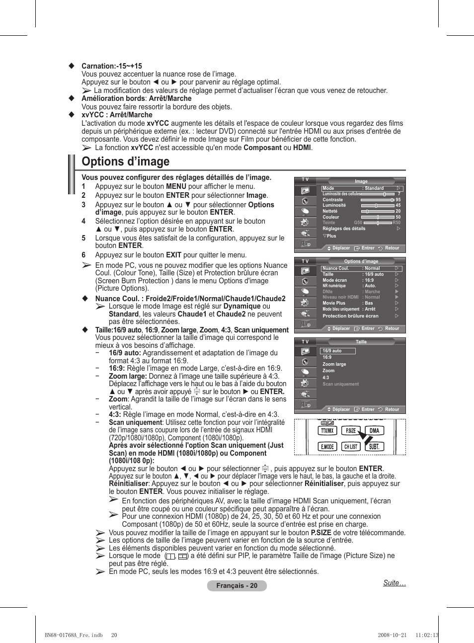 Options d’image | Samsung PS58A656T1F User Manual | Page 84 / 567