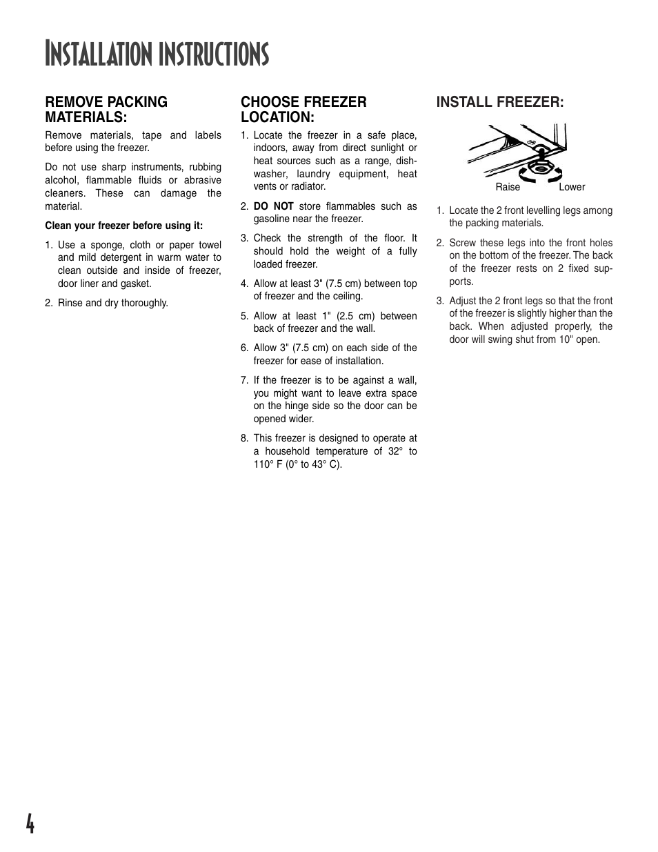 Installation instructions, Remove packing materials, Choose freezer location | Install freezer | Amana 12631105 User Manual | Page 4 / 48