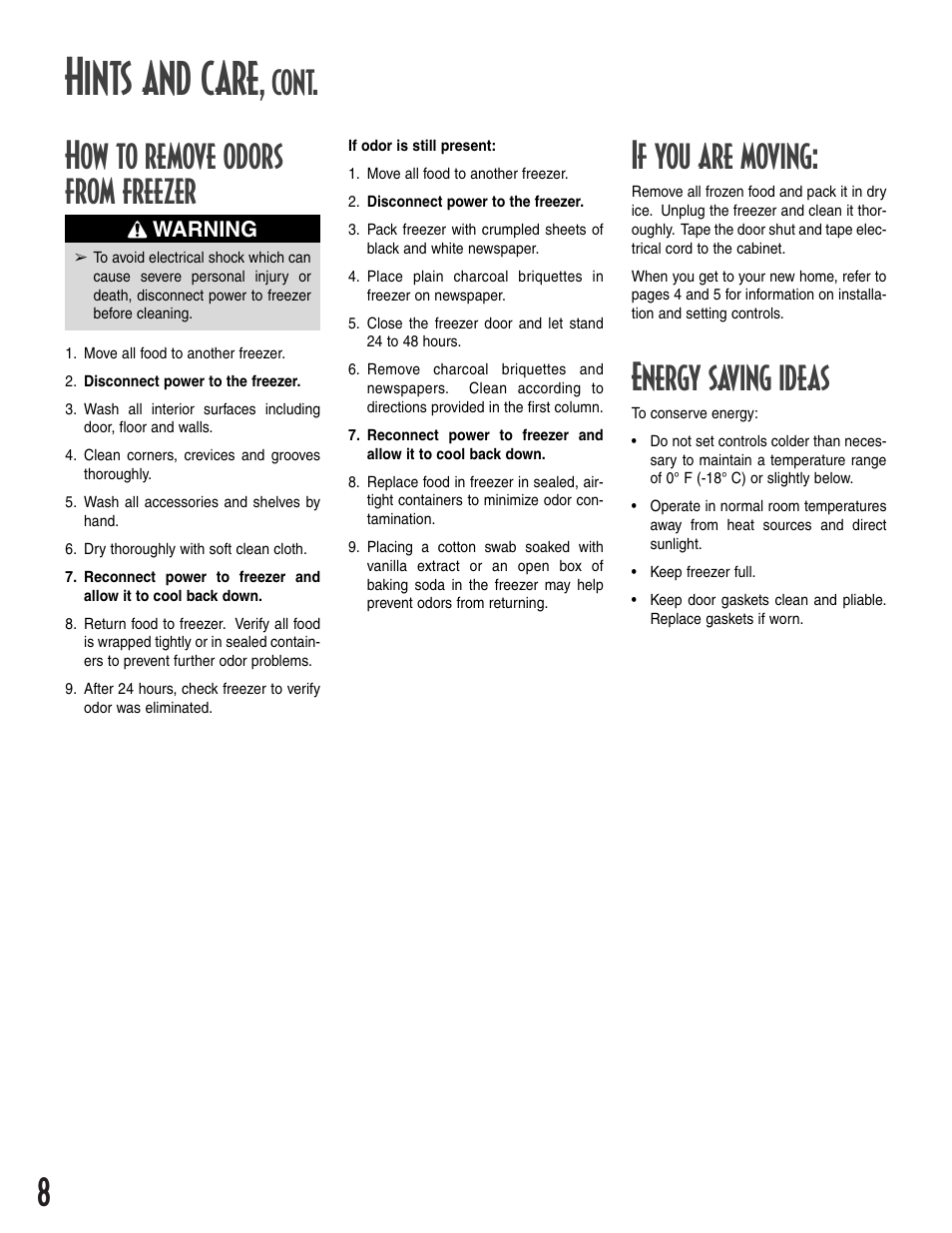 Hints and care, Cont. how to remove odors from freezer, If you are moving | Energy saving ideas | Amana 12631105 User Manual | Page 8 / 48