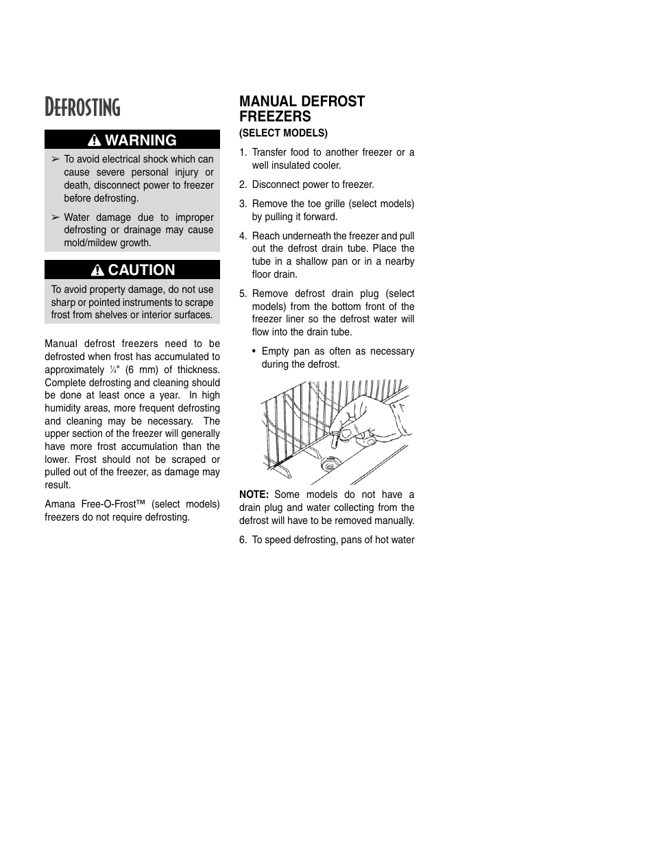 Defrosting, Caution, Warning | Manual defrost freezers | Amana 12631105 User Manual | Page 9 / 48