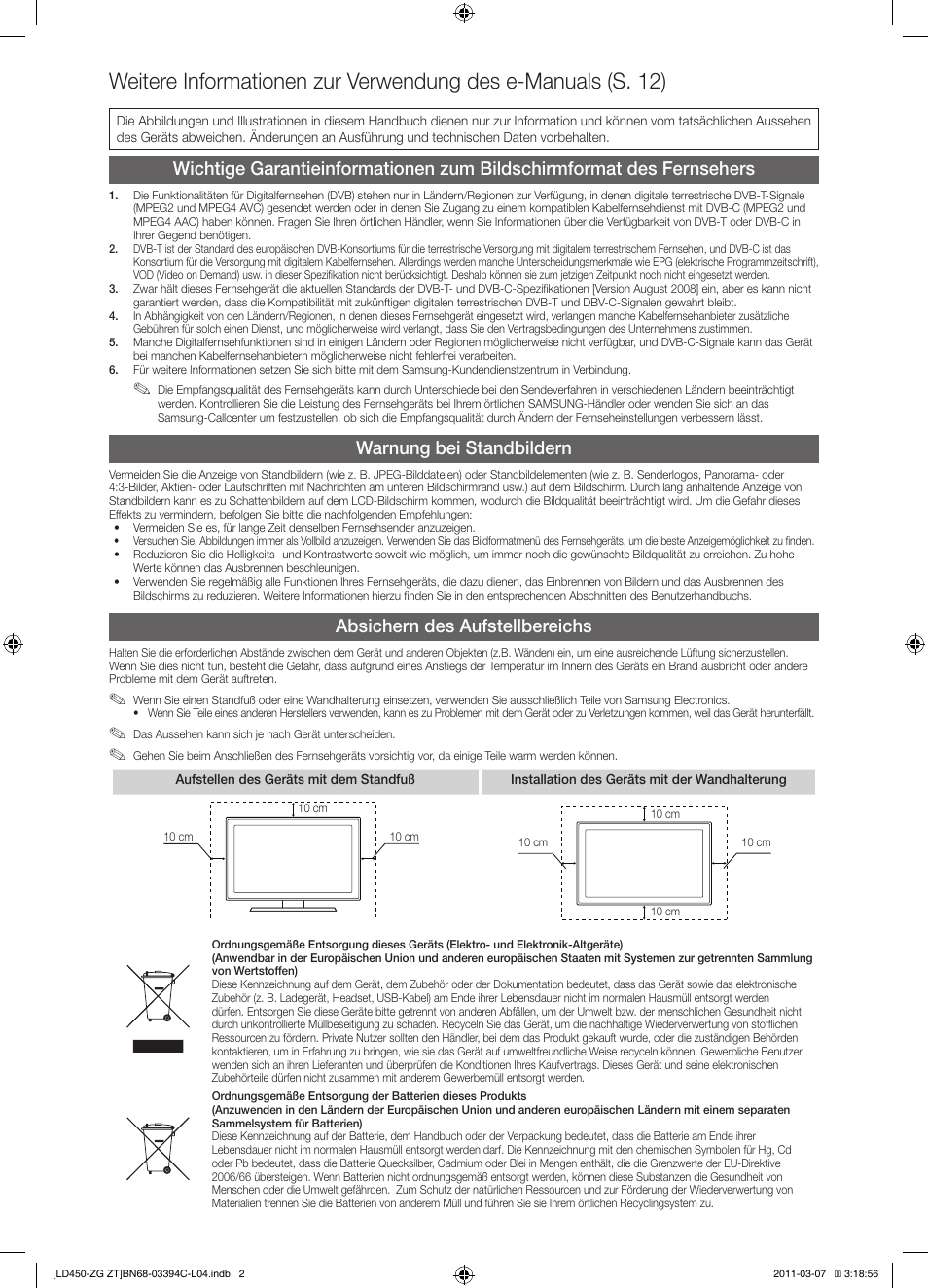Warnung bei standbildern, Absichern des aufstellbereichs | Samsung LE22D450G1W User Manual | Page 18 / 67