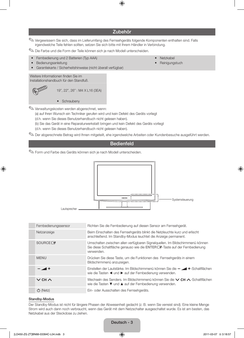 Zubehör, Bedienfeld | Samsung LE22D450G1W User Manual | Page 19 / 67