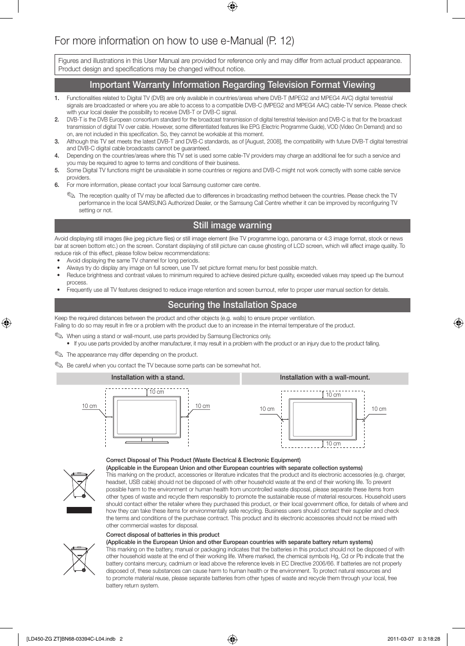 Still image warning, Securing the installation space | Samsung LE22D450G1W User Manual | Page 2 / 67