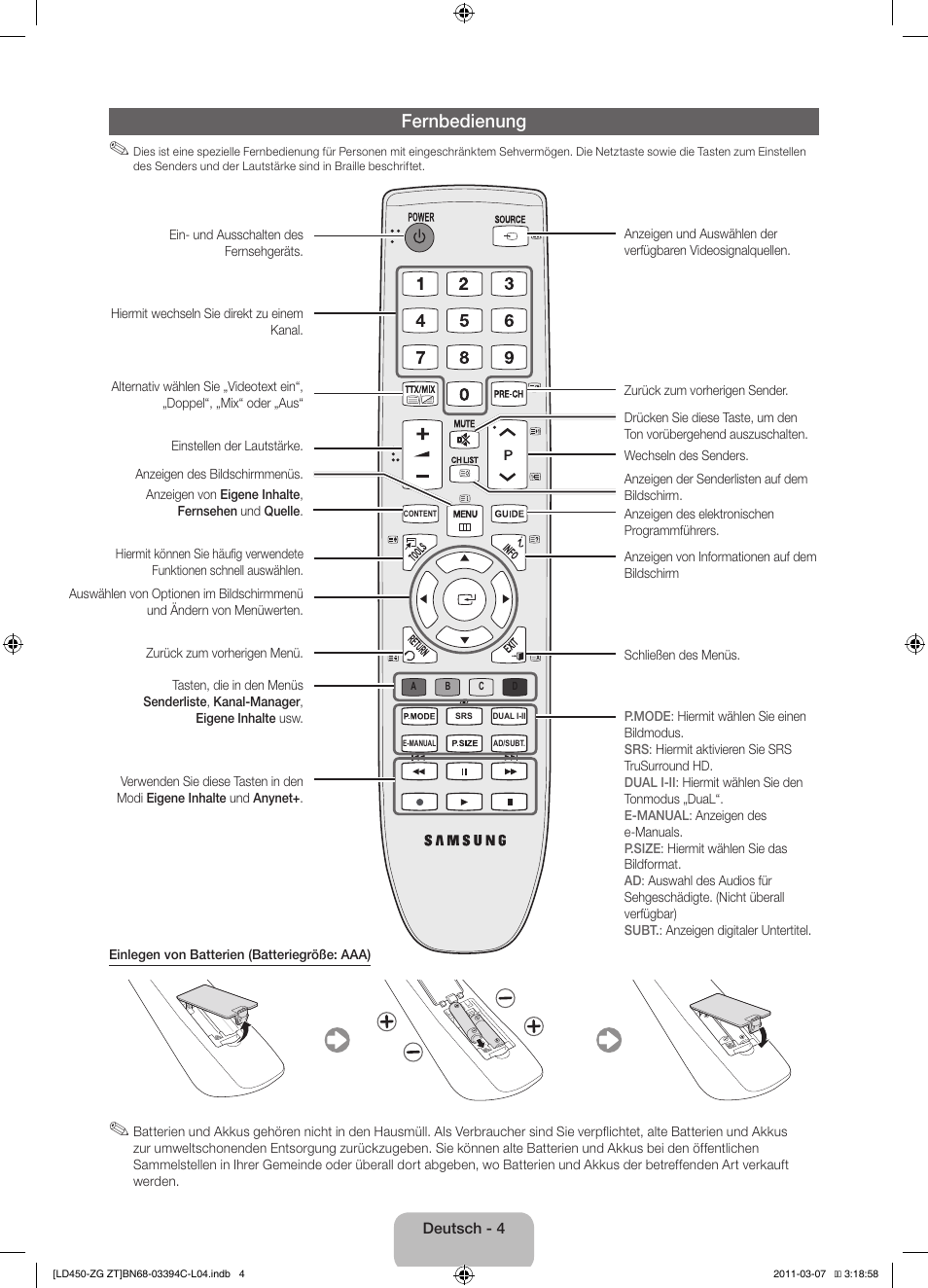 Fernbedienung | Samsung LE22D450G1W User Manual | Page 20 / 67