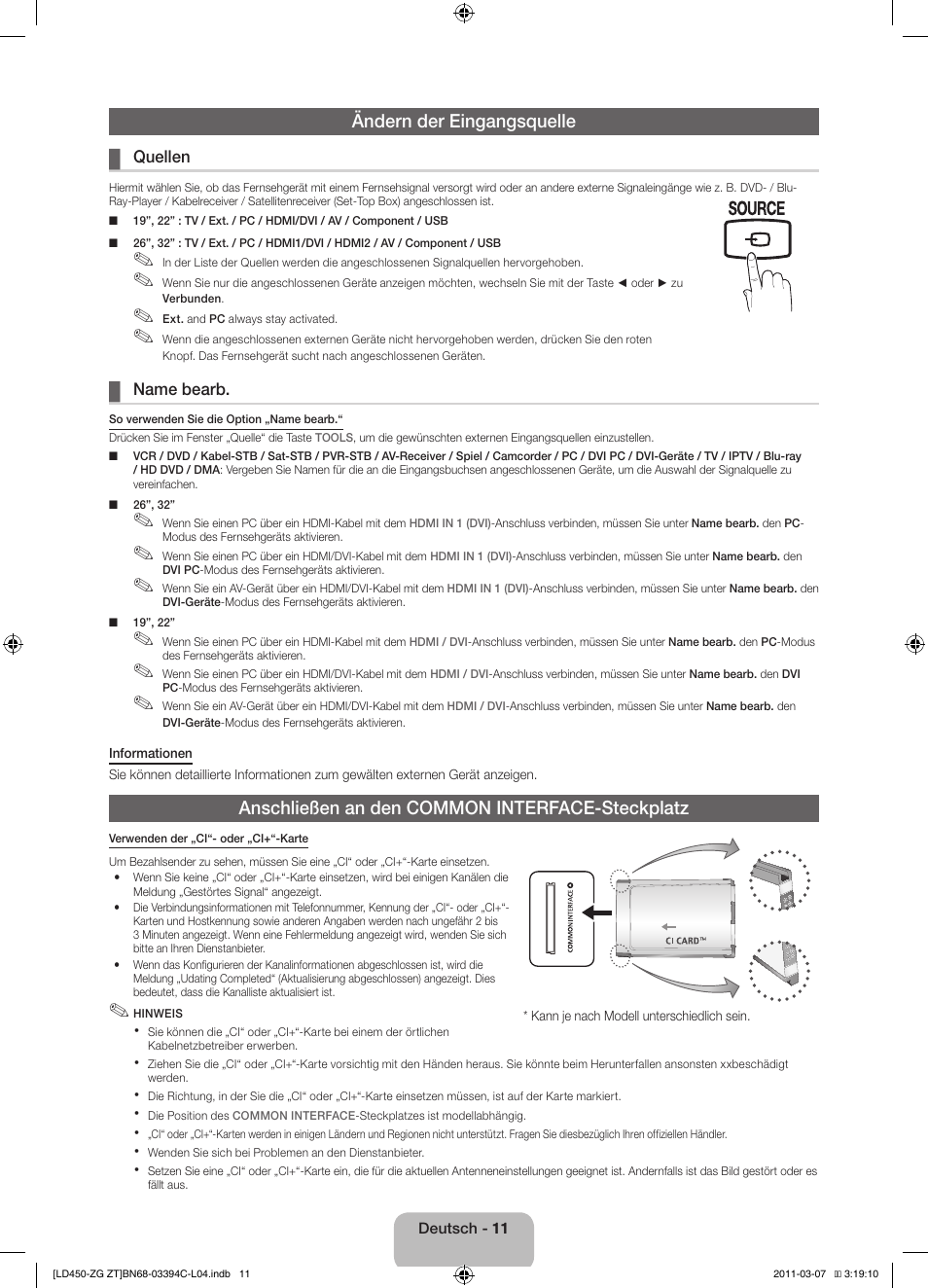 Ändern der eingangsquelle, Anschließen an den common interface-steckplatz | Samsung LE22D450G1W User Manual | Page 27 / 67