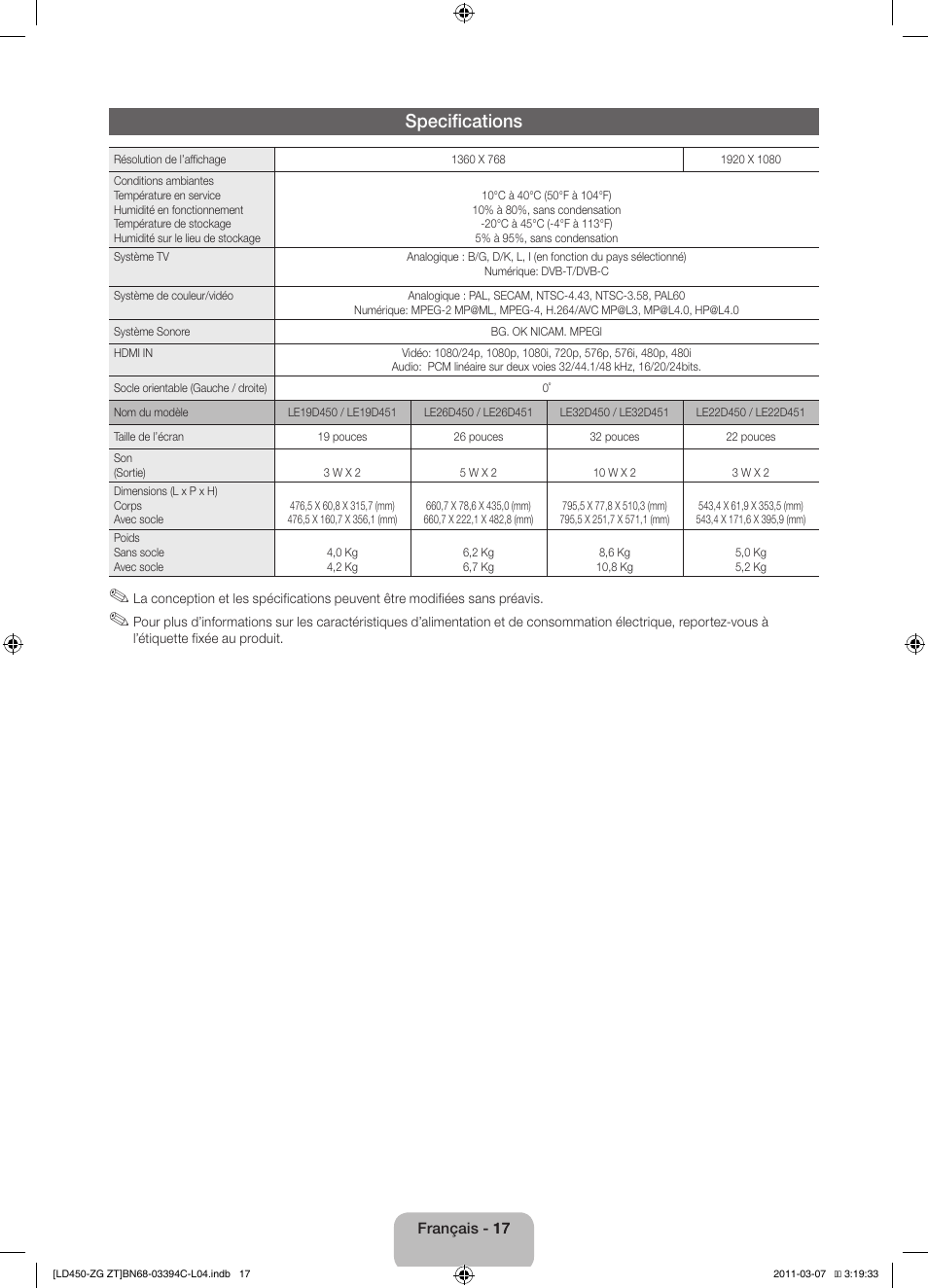 Specifications | Samsung LE22D450G1W User Manual | Page 49 / 67