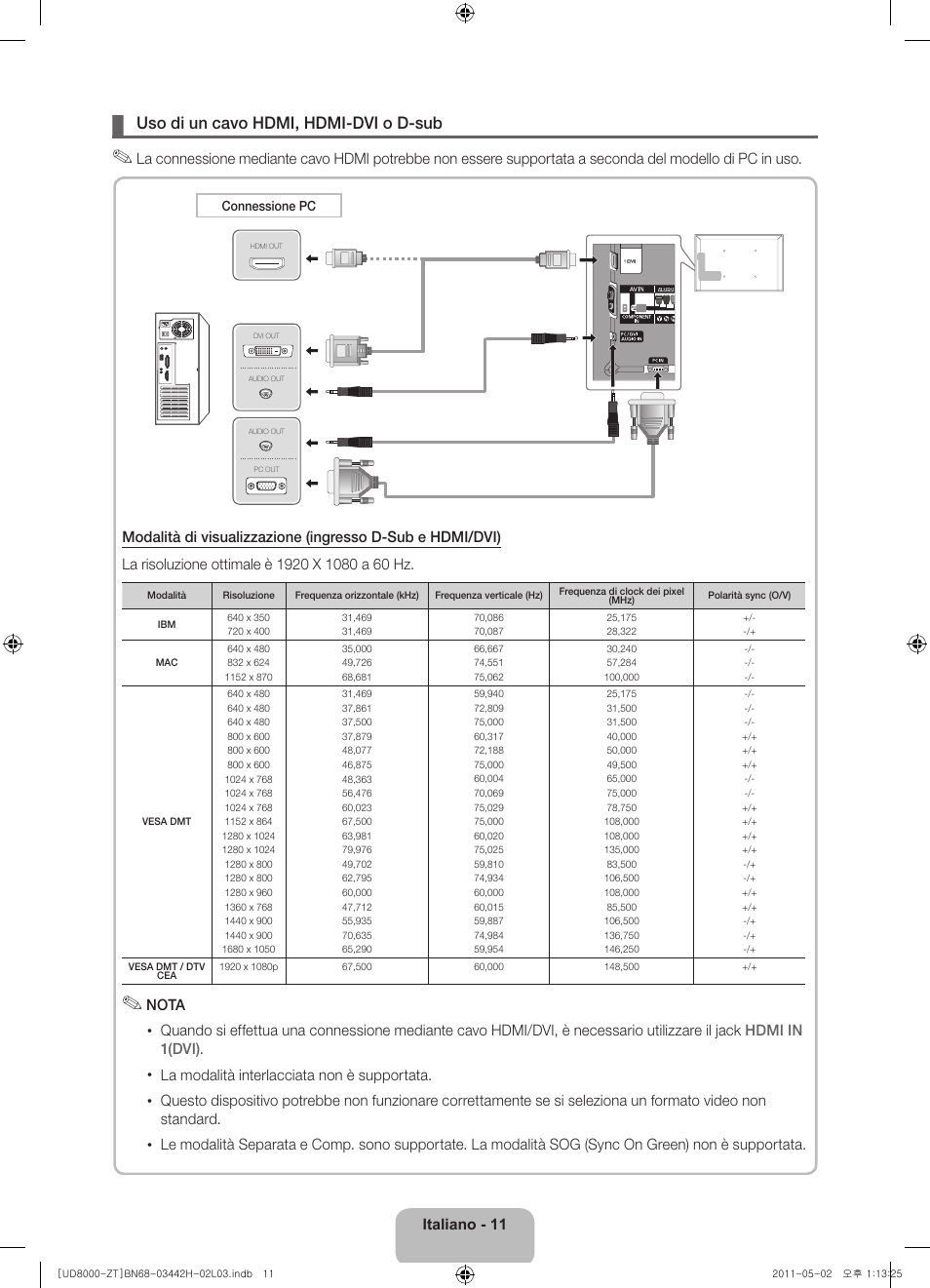 Uso di un cavo hdmi, hdmi-dvi o d-sub | Samsung UE46D8000YQ User Manual | Page 31 / 64