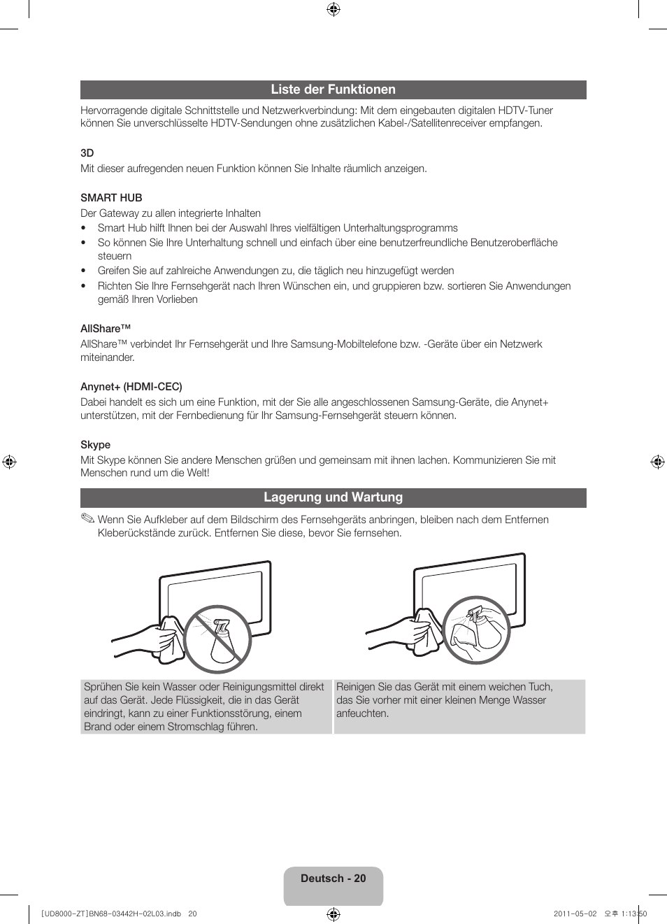 Liste der funktionen, Lagerung und wartung | Samsung UE46D8000YQ User Manual | Page 62 / 64