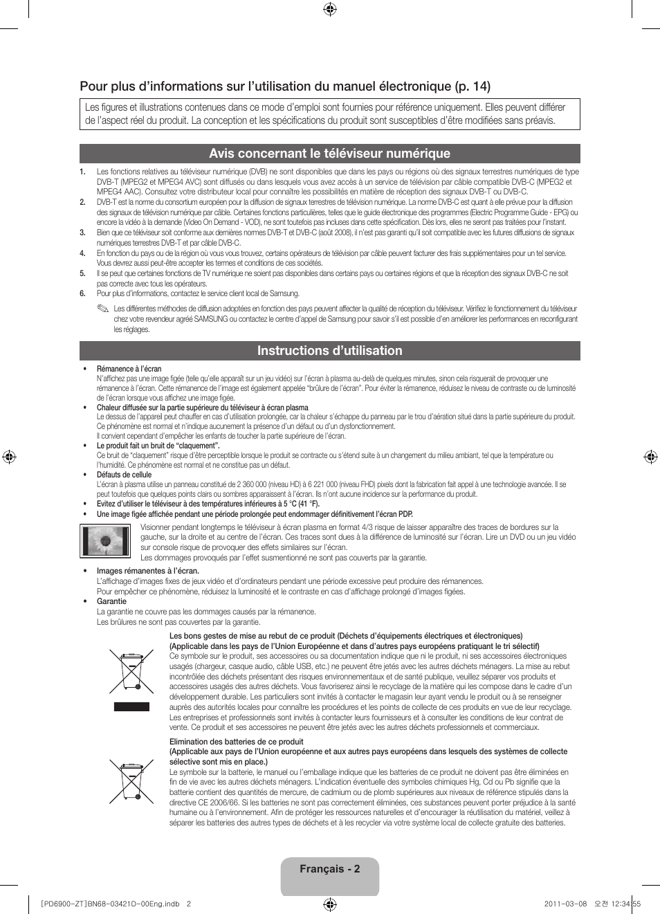 Avis concernant le téléviseur numérique, Instructions d’utilisation | Samsung PS51D6900DQ User Manual | Page 60 / 78