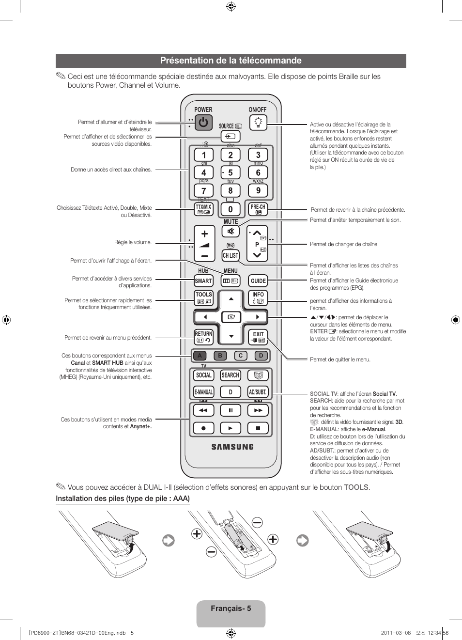 Présentation de la télécommande | Samsung PS51D6900DQ User Manual | Page 63 / 78