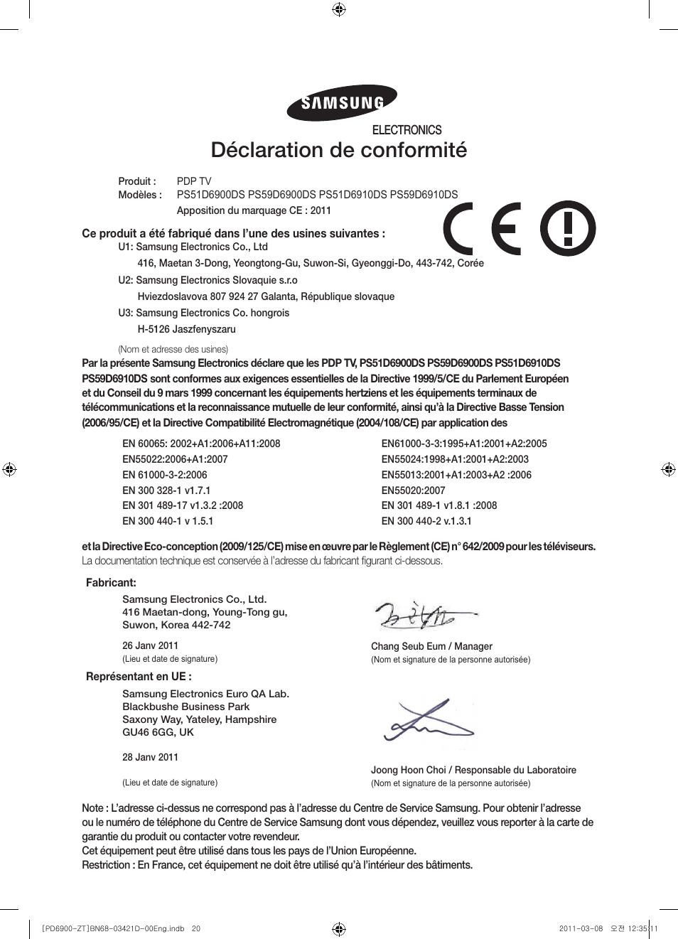 Déclaration de conformité | Samsung PS51D6900DQ User Manual | Page 78 / 78