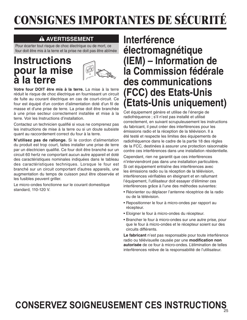 Consignes importantes de sécurité, Instructions pour la mise à la terre, Conservez soigneusement ces instructions | Amana MMV1153BA User Manual | Page 25 / 68