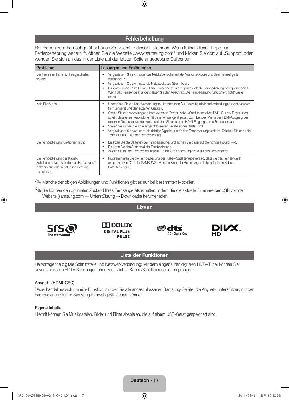 Fehlerbehebung, Lizenz liste der funktionen | Samsung PS51D450A2W User Manual | Page 35 / 74