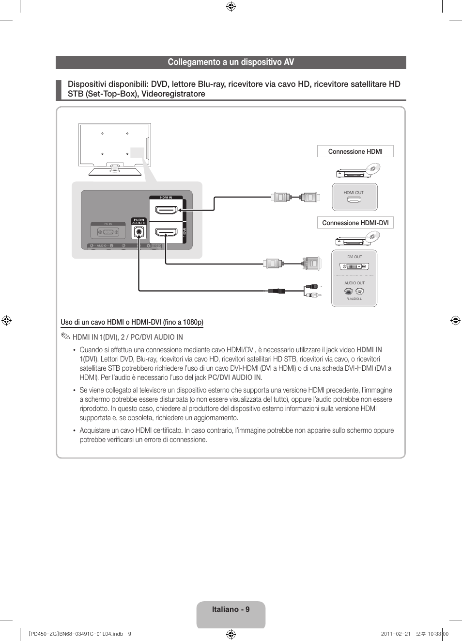 Collegamento a un dispositivo av | Samsung PS51D450A2W User Manual | Page 63 / 74
