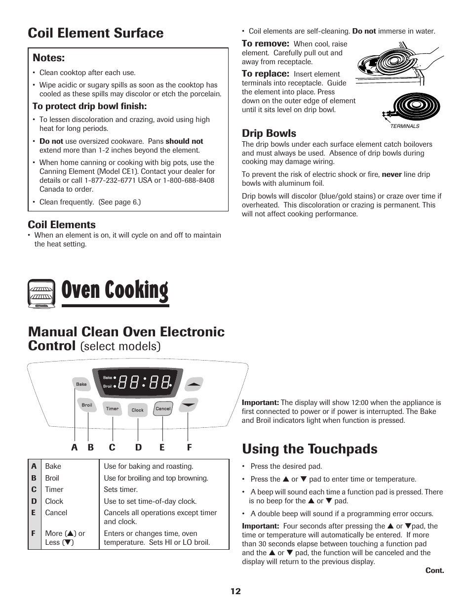 Oven cooking, Coil element surface, Manual clean oven electronic control | Using the touchpads, Select models), Coil elements, Drip bowls | Amana Electric Range - Coil User Manual | Page 13 / 66