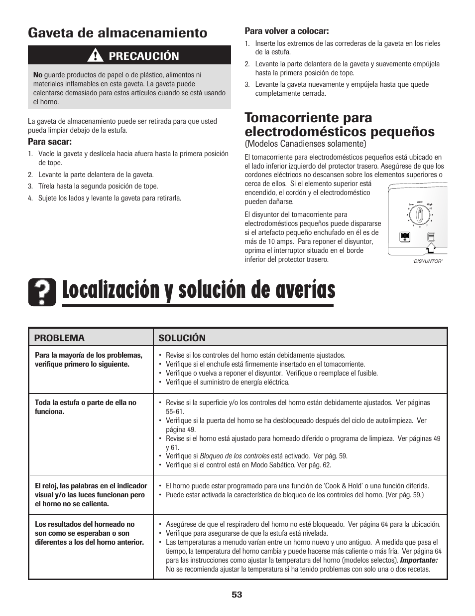 Localización y solución de averías, Gaveta de almacenamiento, Tomacorriente para electrodomésticos pequeños | Precaución | Amana Electric Range - Coil User Manual | Page 54 / 66