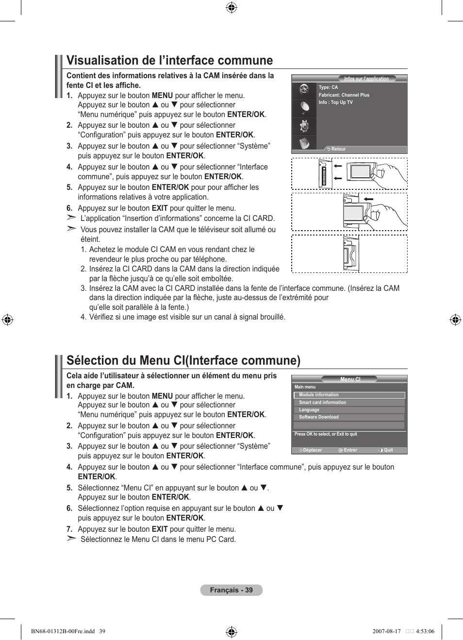 Visualisation de l’interface commune, Sélection du menu ci(interface commune) | Samsung LE40F86BD User Manual | Page 105 / 516