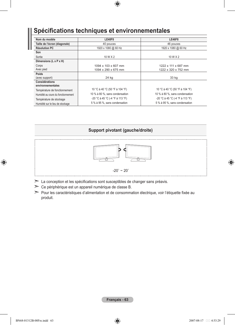 Spécifications techniques et environnementales, Support pivotant (gauche/droite) | Samsung LE40F86BD User Manual | Page 129 / 516
