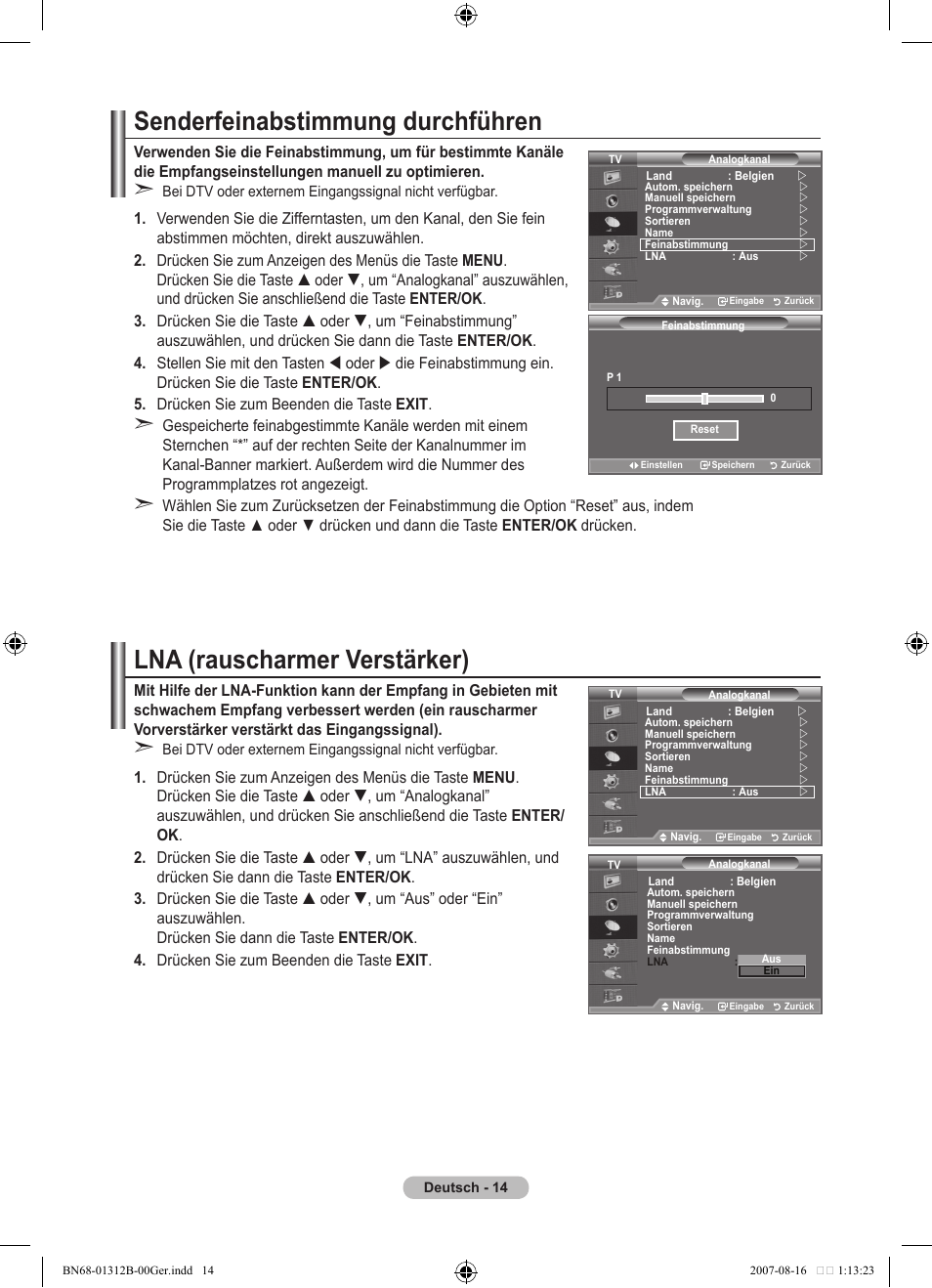 Senderfeinabstimmung durchführen, Lna (rauscharmer verstärker) | Samsung LE40F86BD User Manual | Page 144 / 516