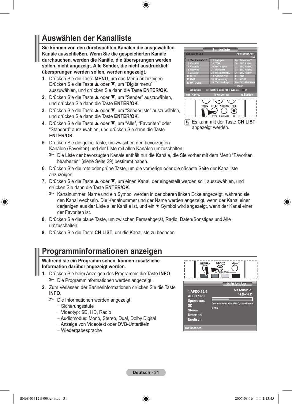 Auswählen der kanalliste, Programminformationen anzeigen | Samsung LE40F86BD User Manual | Page 161 / 516