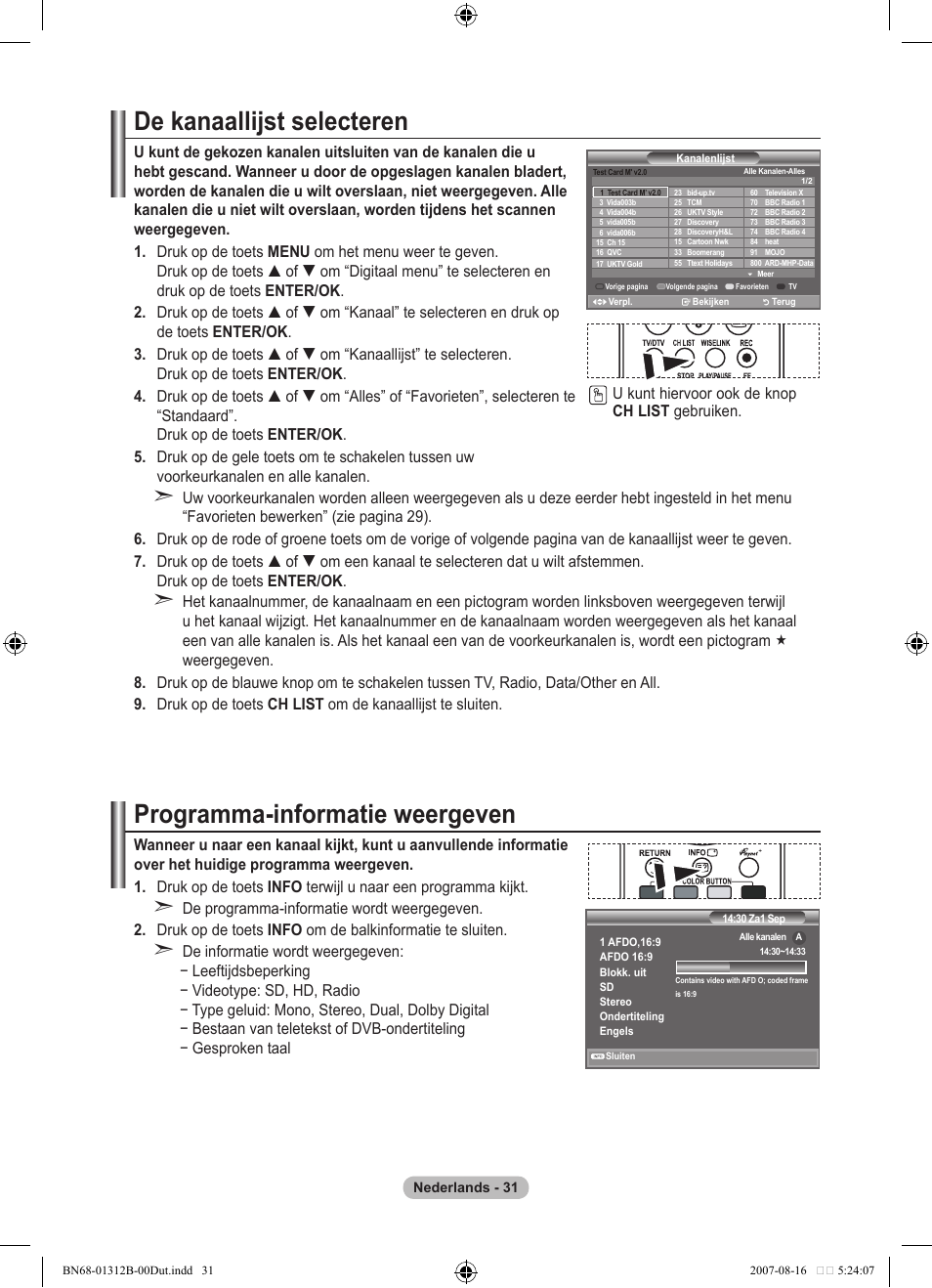 De kanaallijst selecteren, Programma-informatie weergeven | Samsung LE40F86BD User Manual | Page 225 / 516