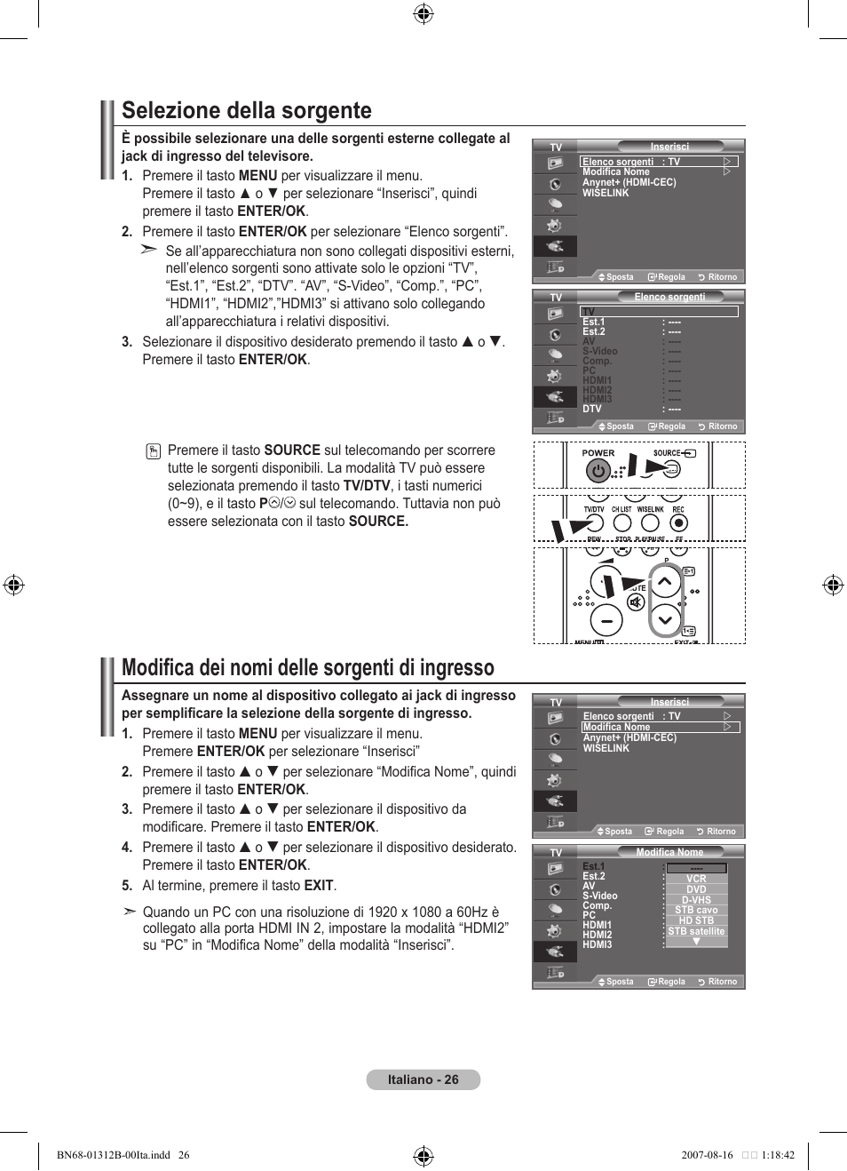 Selezione della sorgente, Modifica dei nomi delle sorgenti di ingresso | Samsung LE40F86BD User Manual | Page 284 / 516