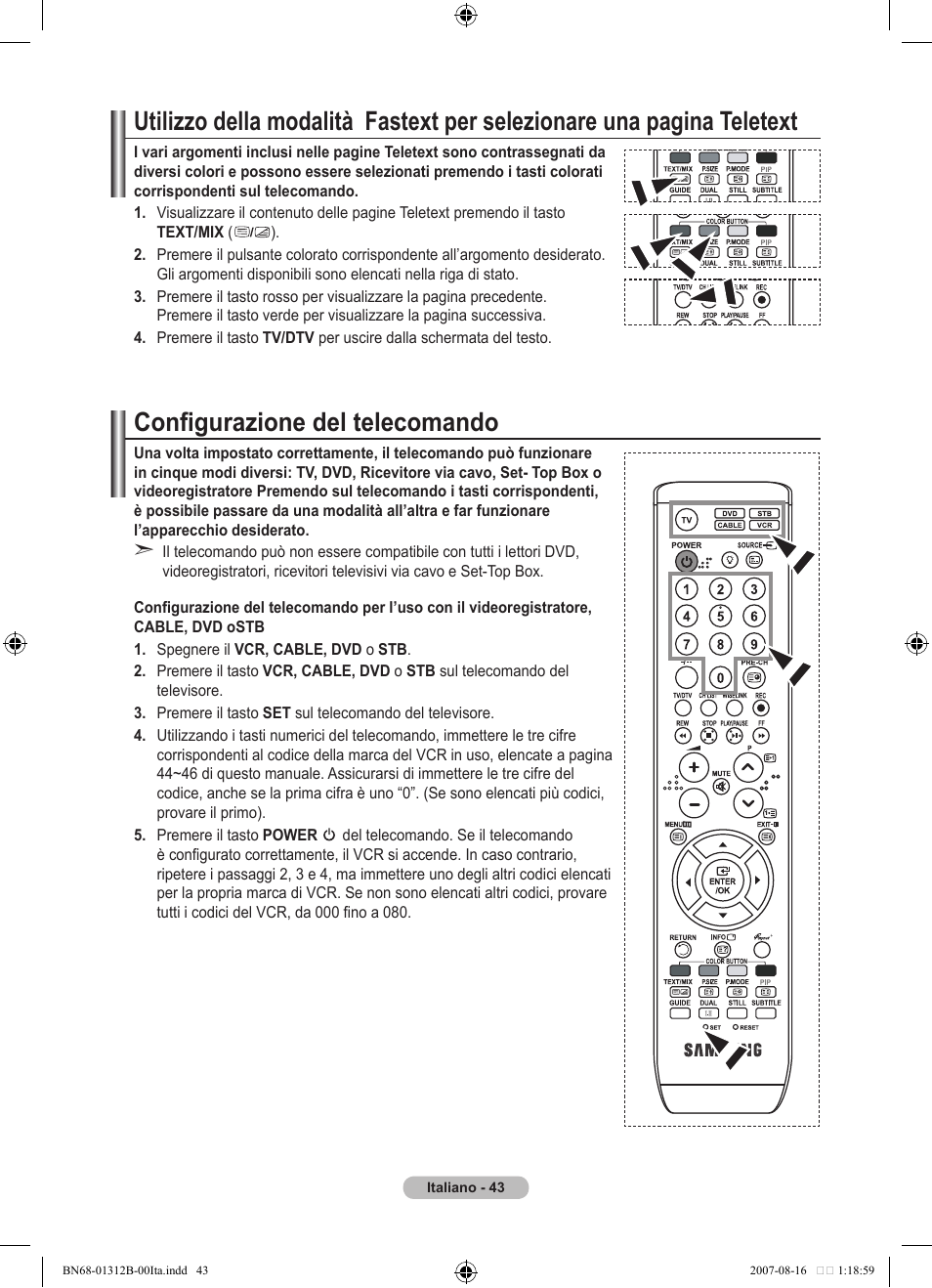 Configurazione del telecomando | Samsung LE40F86BD User Manual | Page 301 / 516