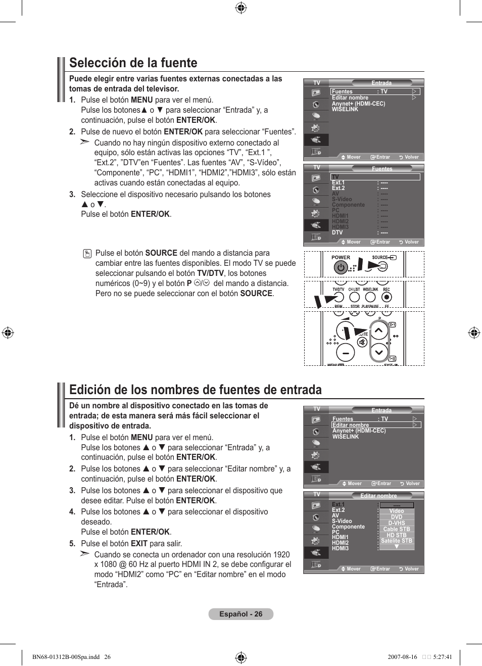 Selección de la fuente, Edición de los nombres de fuentes de entrada | Samsung LE40F86BD User Manual | Page 350 / 516