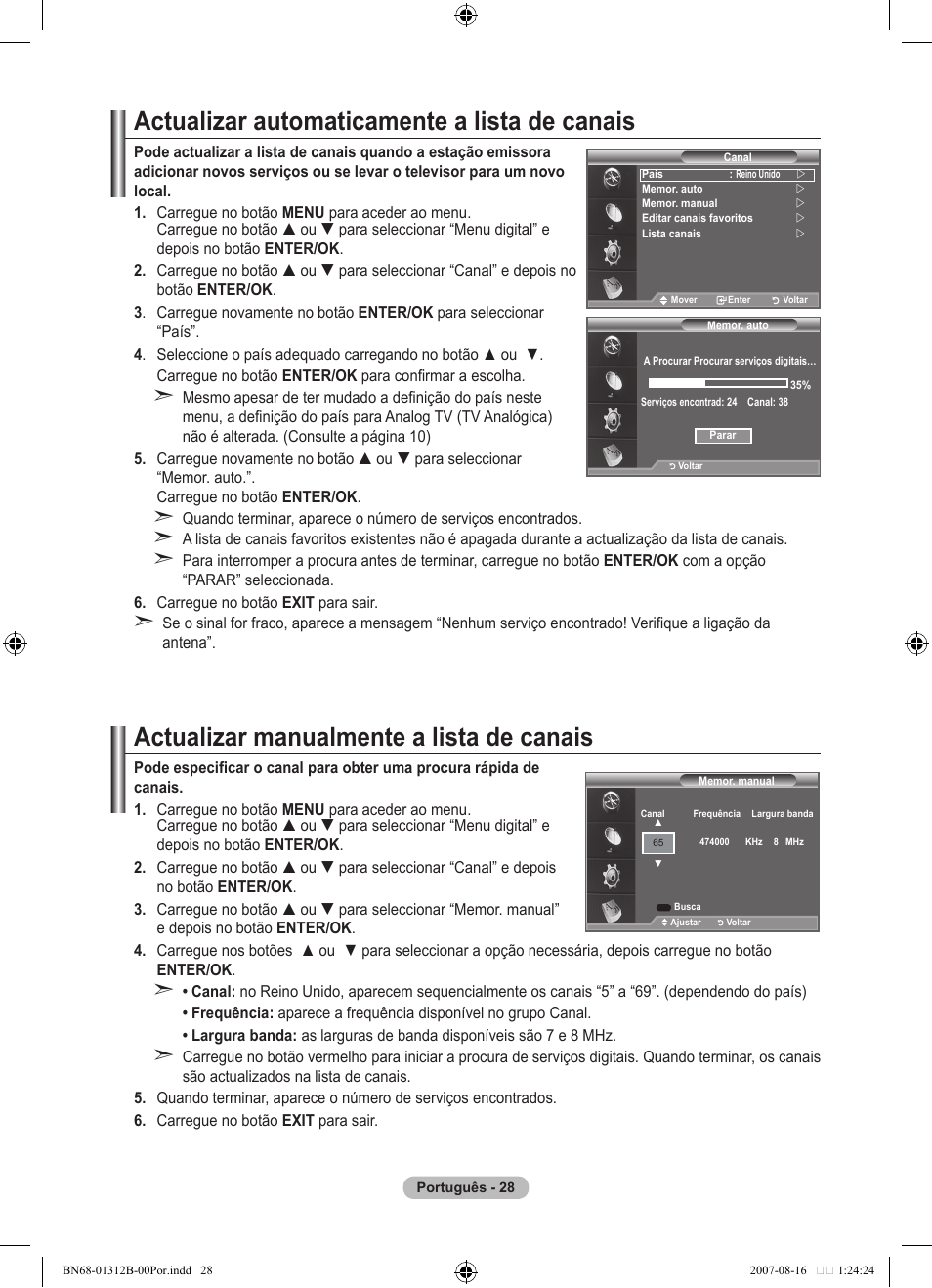 Actualizar automaticamente a lista de canais, Actualizar manualmente a lista de canais | Samsung LE40F86BD User Manual | Page 416 / 516