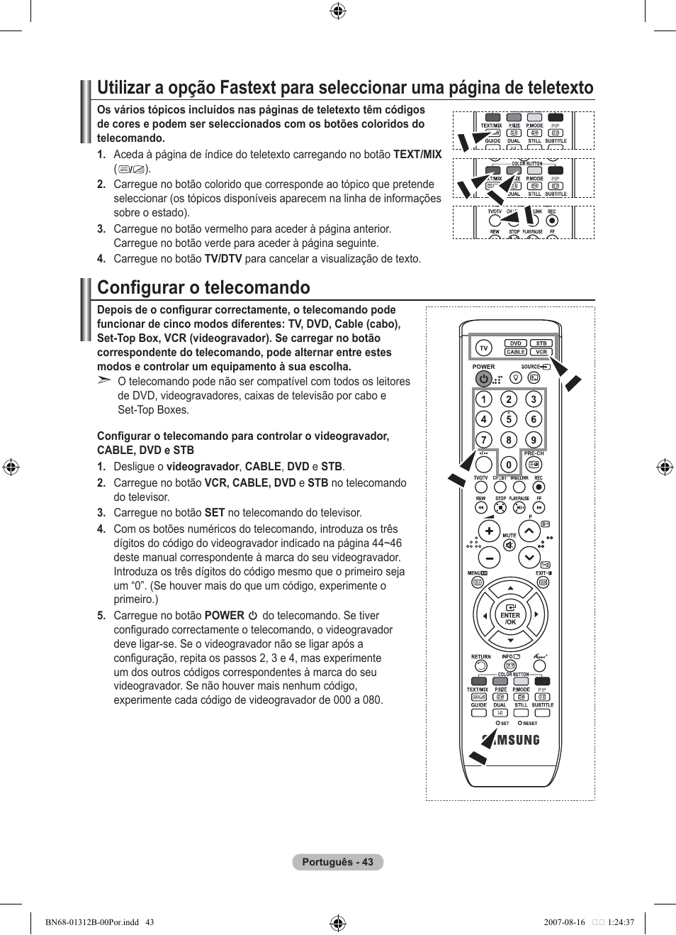 Configurar o telecomando | Samsung LE40F86BD User Manual | Page 431 / 516