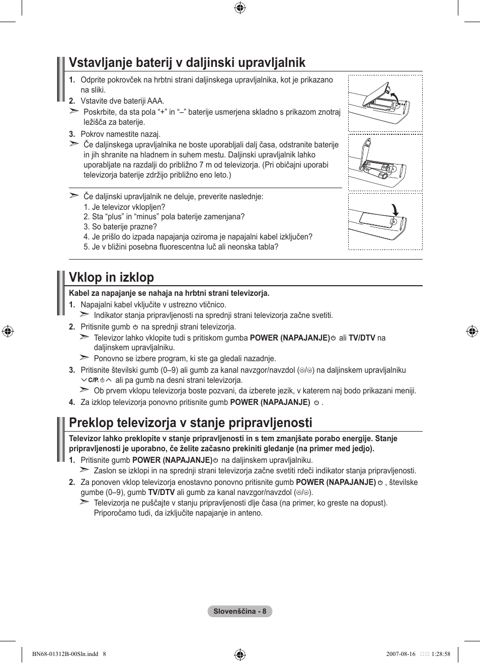 Vstavljanje baterij v daljinski upravljalnik, Vklop in izklop, Preklop televizorja v stanje pripravljenosti | Samsung LE40F86BD User Manual | Page 460 / 516