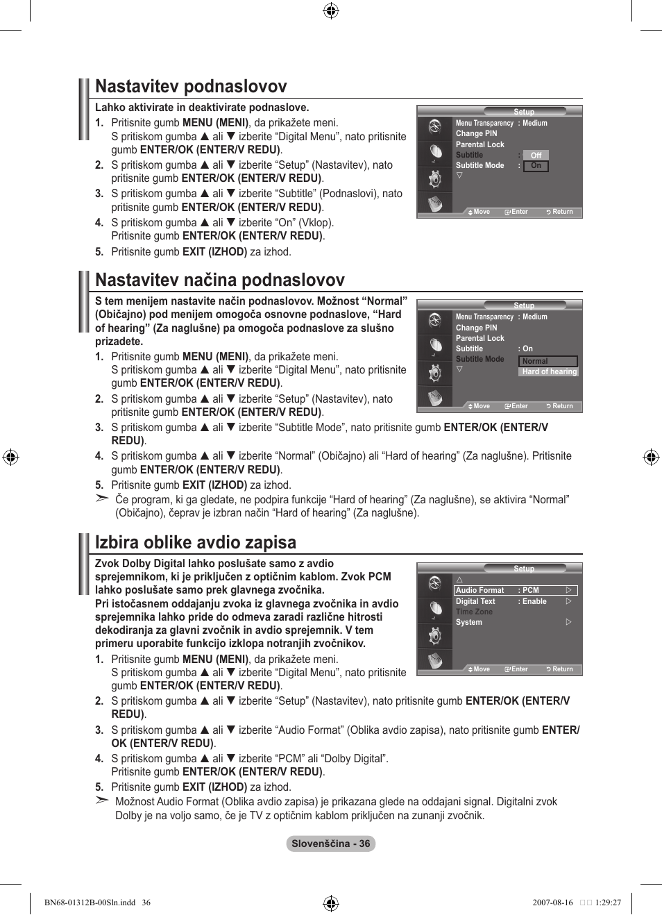 Nastavitev podnaslovov, Nastavitev načina podnaslovov, Izbira oblike avdio zapisa | Samsung LE40F86BD User Manual | Page 488 / 516