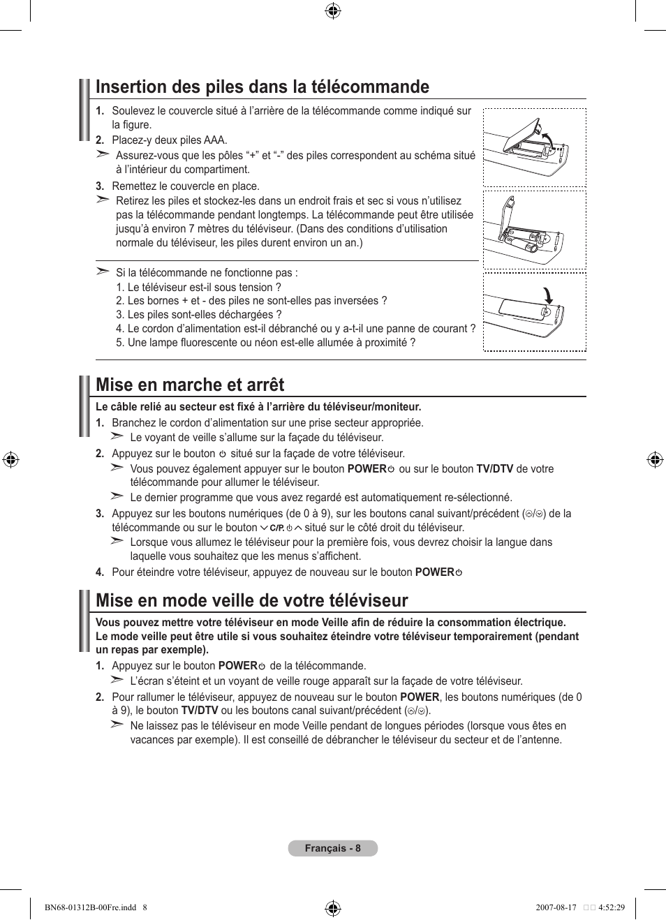Insertion des piles dans la télécommande, Mise en marche et arrêt, Mise en mode veille de votre téléviseur | Samsung LE40F86BD User Manual | Page 74 / 516