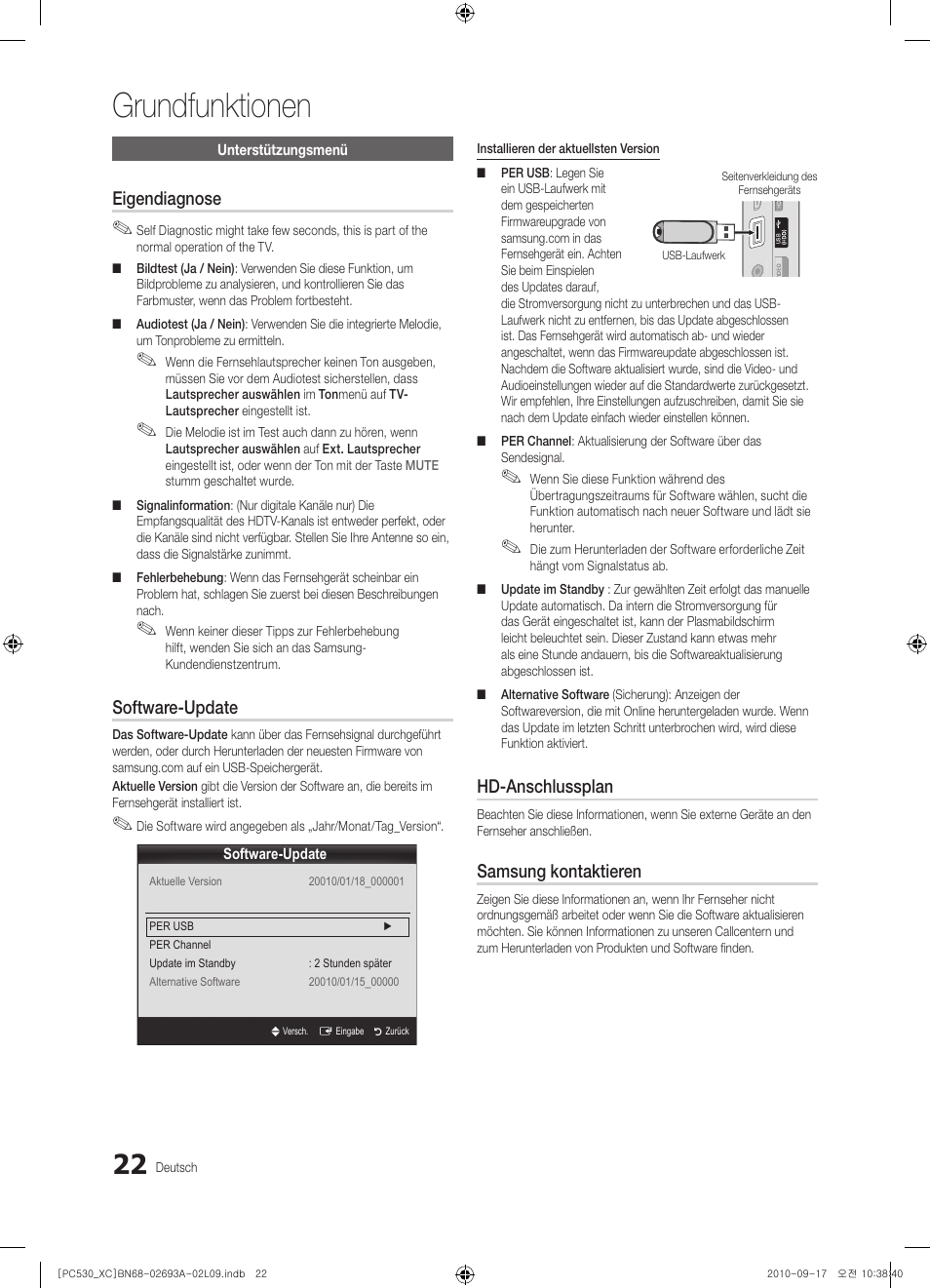 Grundfunktionen, Eigendiagnose, Software-update | Hd-anschlussplan, Samsung kontaktieren | Samsung PS50C530C1W User Manual | Page 102 / 365