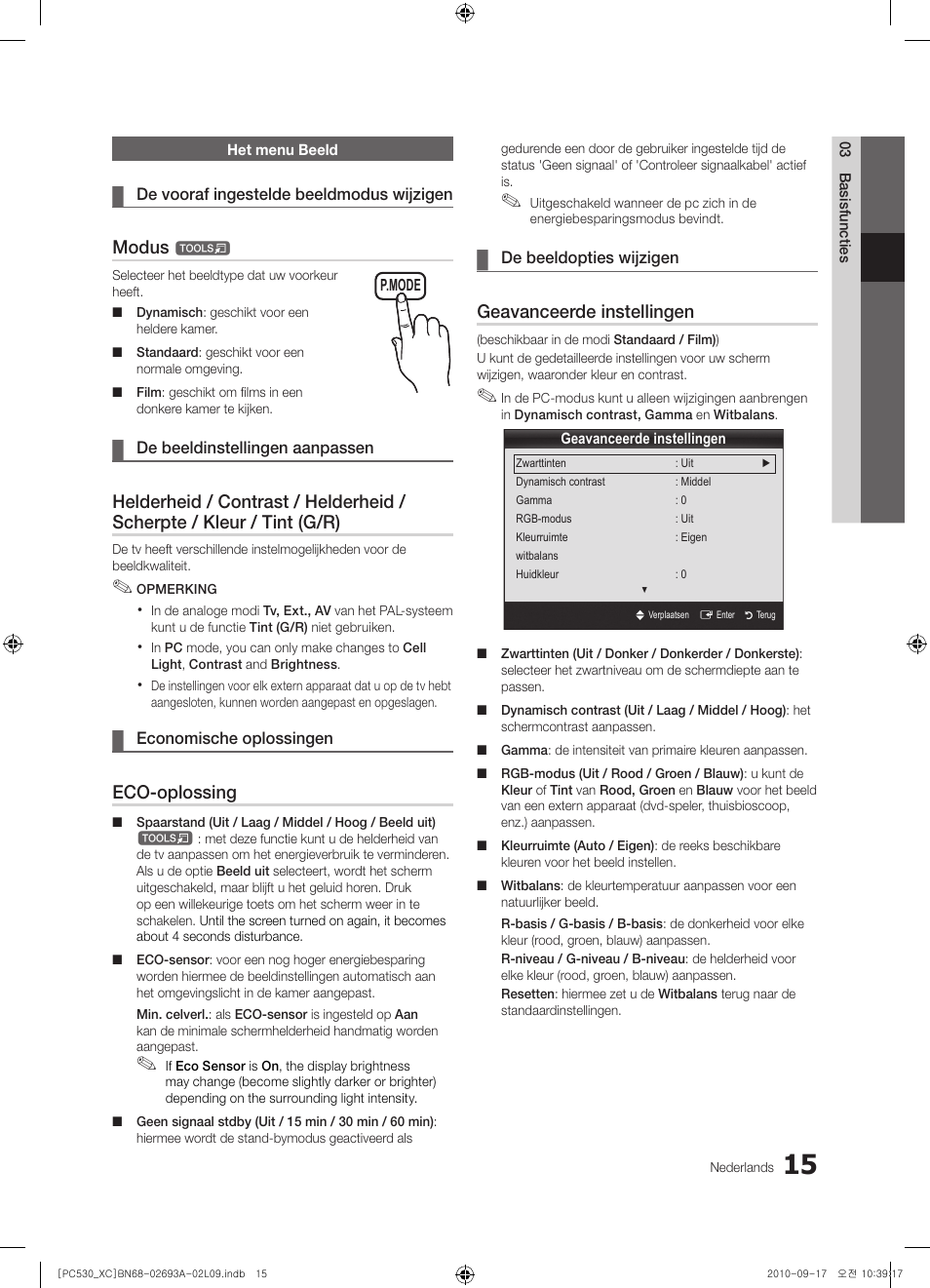 Modus, Eco-oplossing, Geavanceerde instellingen | Samsung PS50C530C1W User Manual | Page 135 / 365