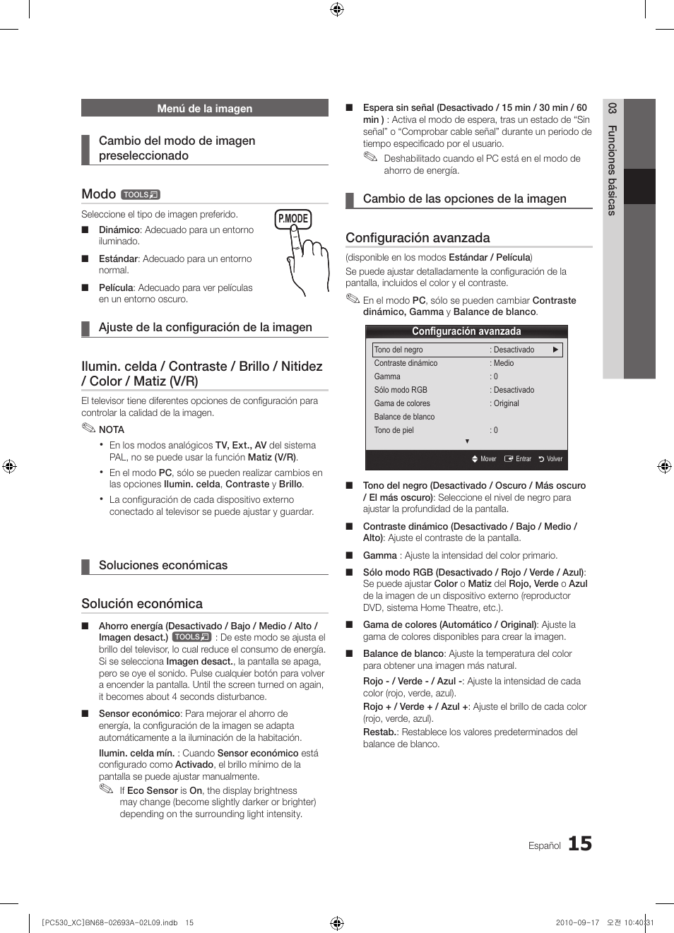 Modo, Solución económica, Configuración avanzada | Samsung PS50C530C1W User Manual | Page 217 / 365