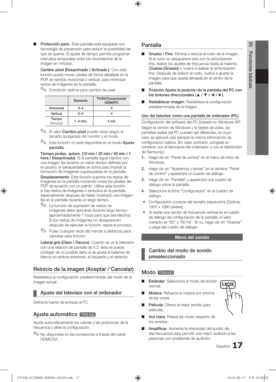 Reinicio de la imagen (aceptar / cancelar), Ajuste automático, Pantalla | Modo | Samsung PS50C530C1W User Manual | Page 219 / 365