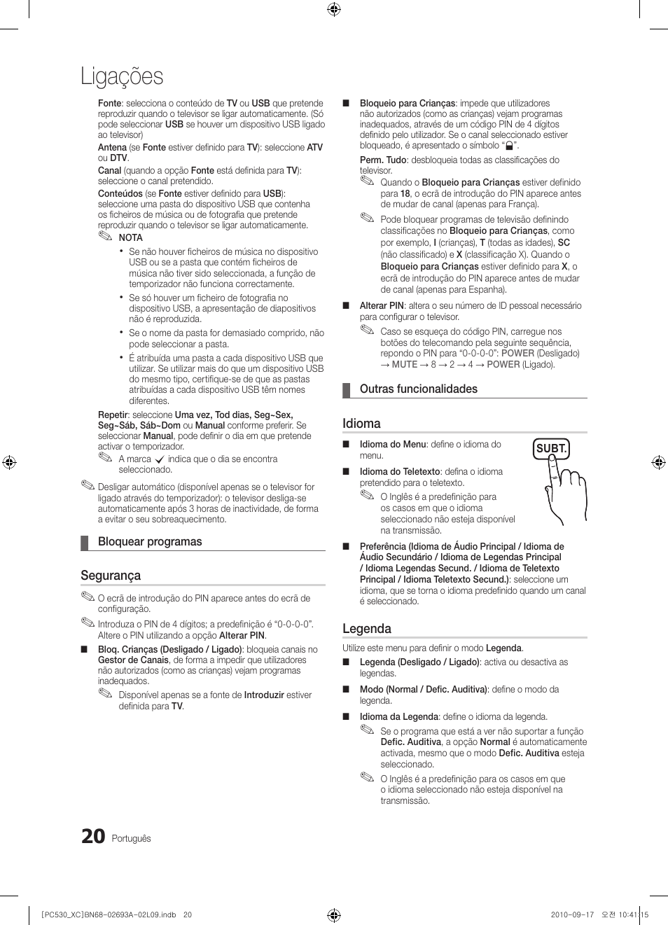 Ligações, Segurança, Idioma | Legenda | Samsung PS50C530C1W User Manual | Page 262 / 365
