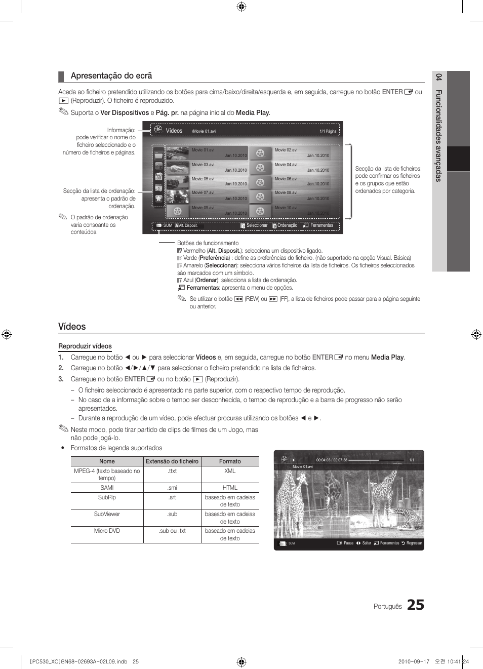 Vídeos, Apresentação do ecrã | Samsung PS50C530C1W User Manual | Page 267 / 365