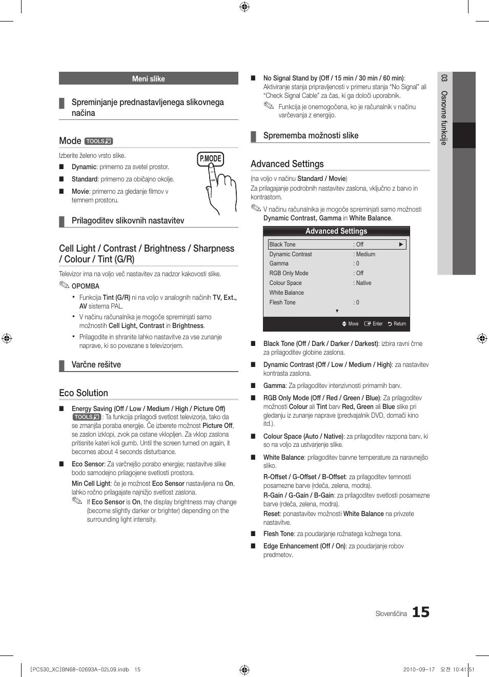 Mode, Eco solution, Advanced settings | Samsung PS50C530C1W User Manual | Page 297 / 365