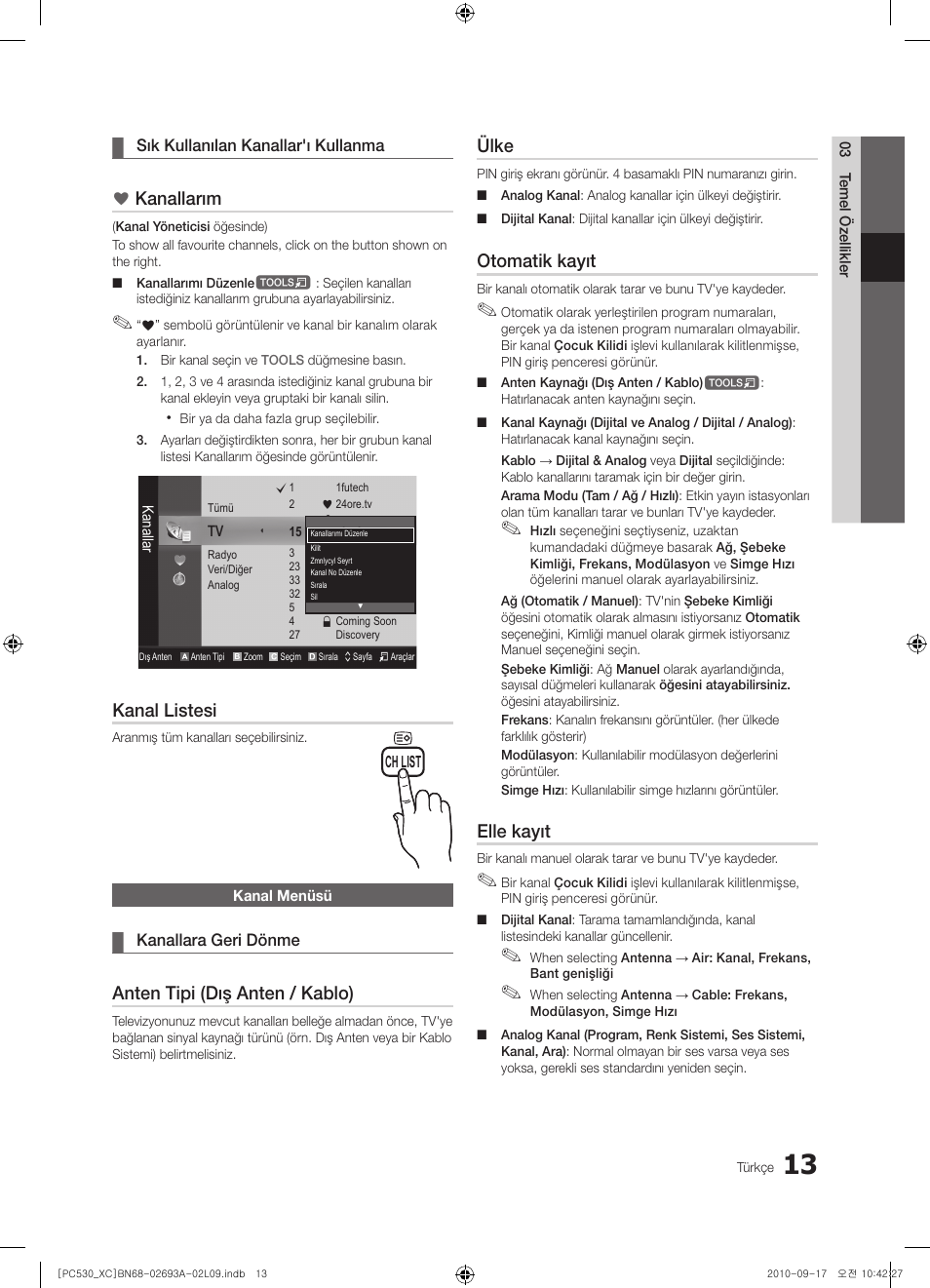 Kanallarım, Kanal listesi, Anten tipi (dış anten / kablo) | Ülke, Otomatik kayıt, Elle kayıt | Samsung PS50C530C1W User Manual | Page 335 / 365