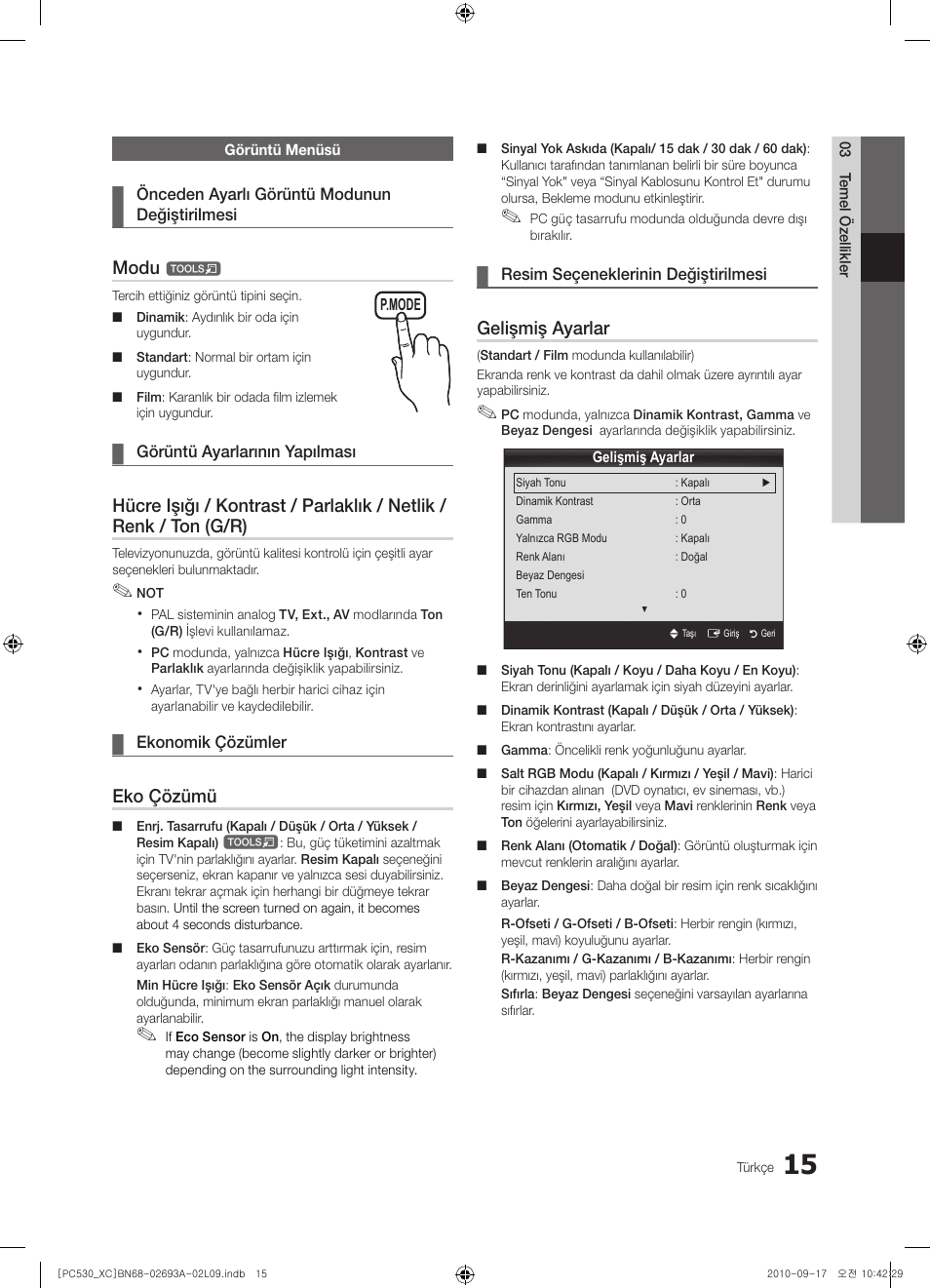 Modu, Eko çözümü, Gelişmiş ayarlar | Samsung PS50C530C1W User Manual | Page 337 / 365