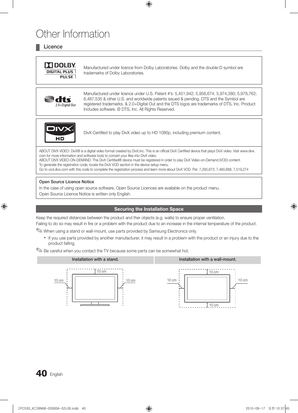 Other information | Samsung PS50C530C1W User Manual | Page 40 / 365