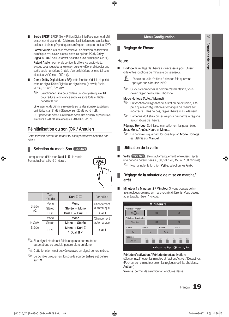 Réinitialisation du son (ok / annuler), Heure | Samsung PS50C530C1W User Manual | Page 59 / 365