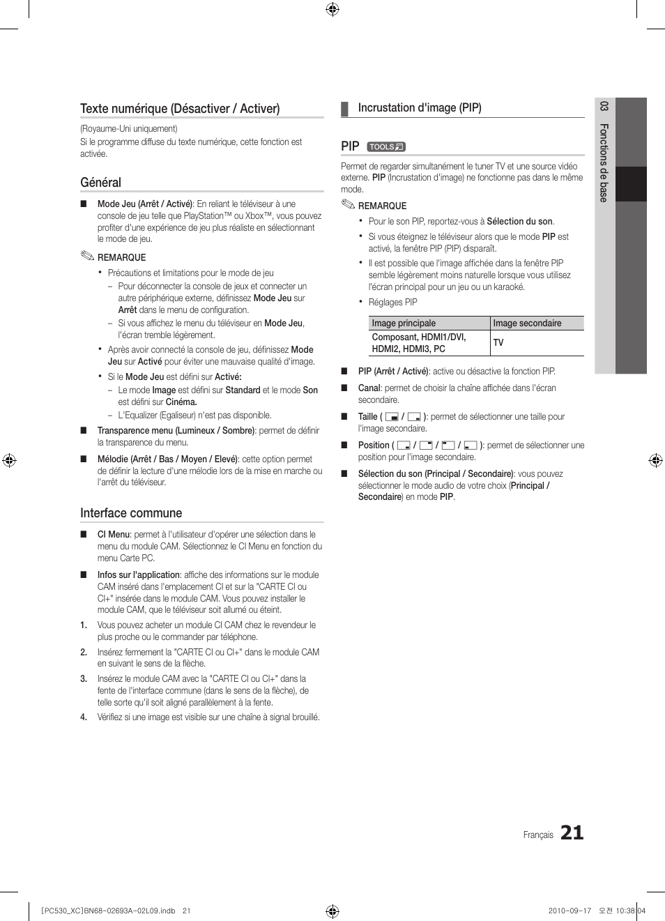 Texte numérique (désactiver / activer), Général, Interface commune | Samsung PS50C530C1W User Manual | Page 61 / 365