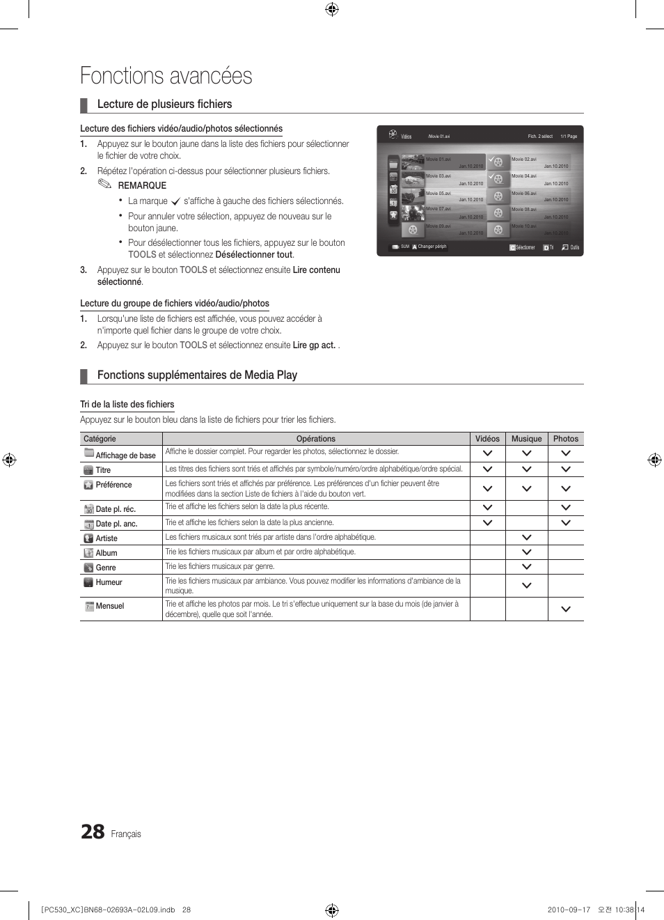 Fonctions avancées, Lecture de plusieurs fichiers, Fonctions supplémentaires de media play | Samsung PS50C530C1W User Manual | Page 68 / 365