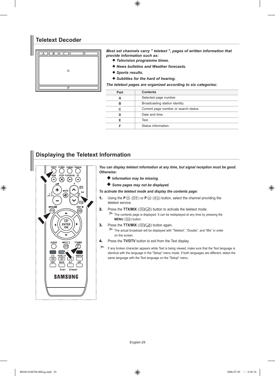 Using the teletext feature, Teletext decoder, Displaying the teletext information | Samsung LE32S74BD User Manual | Page 31 / 125