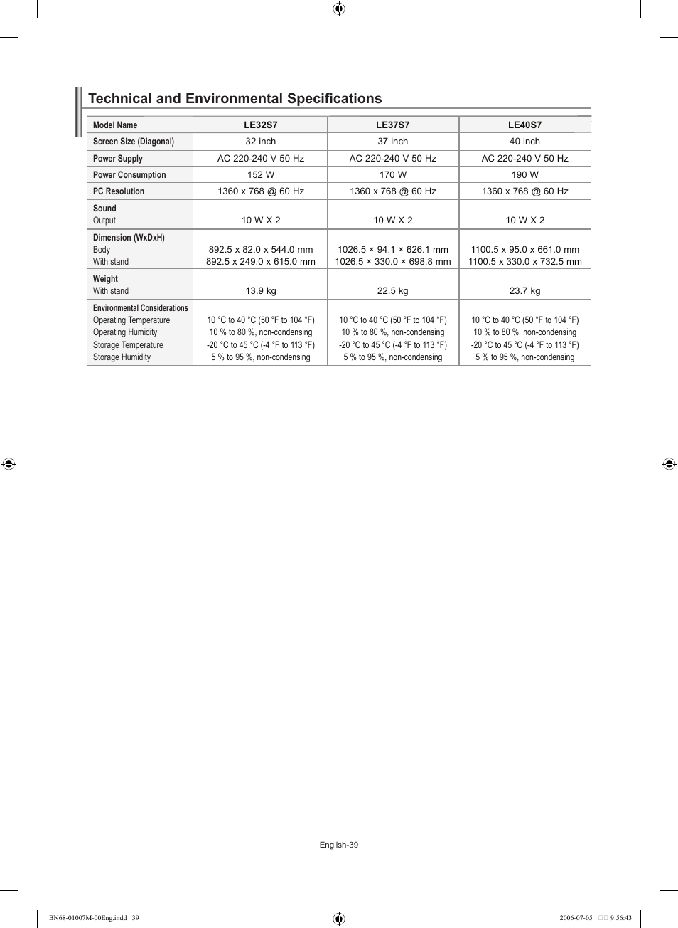 Technical and environmental specifications | Samsung LE32S74BD User Manual | Page 41 / 125